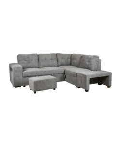 DIVANO LETTO CON PENISOLA A DESTRA BELLAHOME "GAIA" TESSUTO GRIGIO CON POUF E CONTENITORI, 254X83/194X88 CM